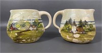 Two Vintage Hand Painted Stoneware Pitchers