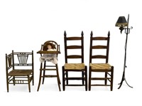 Antique Chairs, Iron Floor Lamp and Early Doll
