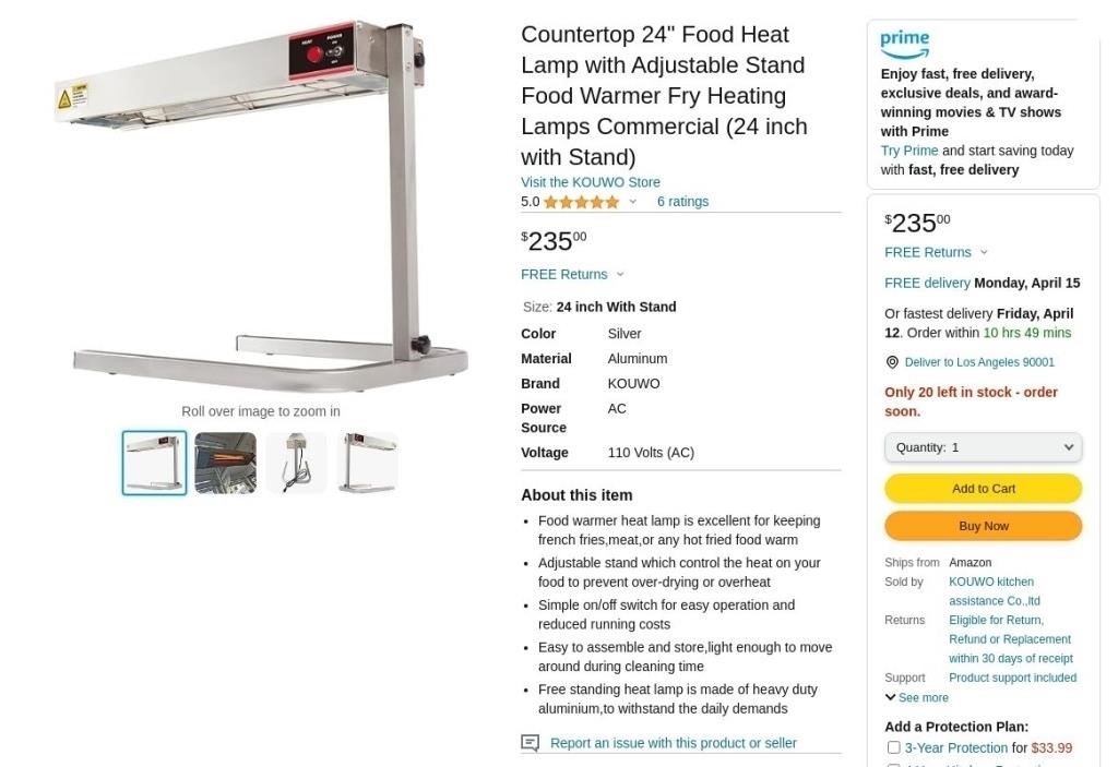 B2450  Countertop 24 Food Warmer Heat Lamp - 24