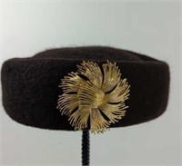 Vintage Brown Pill Box Hat With Gold Tone Pin