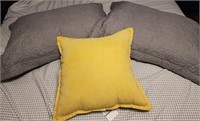 Gray pillow shams, pillows, yellow  17x17 throw