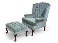 Antique Style Green Wing Chair and Ottoman