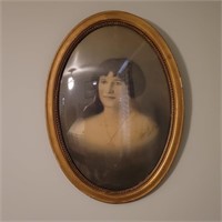Vtg Oval Curved Glass Framed Picture of Woman