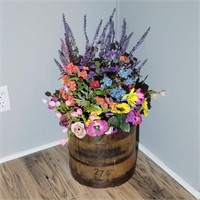 Small Wooden Barrel w/ Faux Flowers / 23" Tall