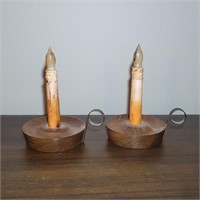 Vtg Wooden Candlestick Holders w/ Candles