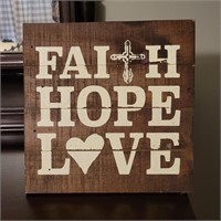 Wooden Faith Hope Love Sign 12"x12"