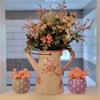 Ceramic 9" Pitcher & 3" Pots w/ Faux Flowers
