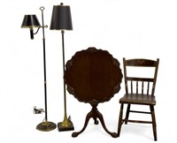Ferguson Pie Crust Table, Chair, 2 Floor Lamps