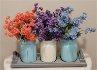 Mason Jar Vases w/ Wooden Tray & Faux Flowers