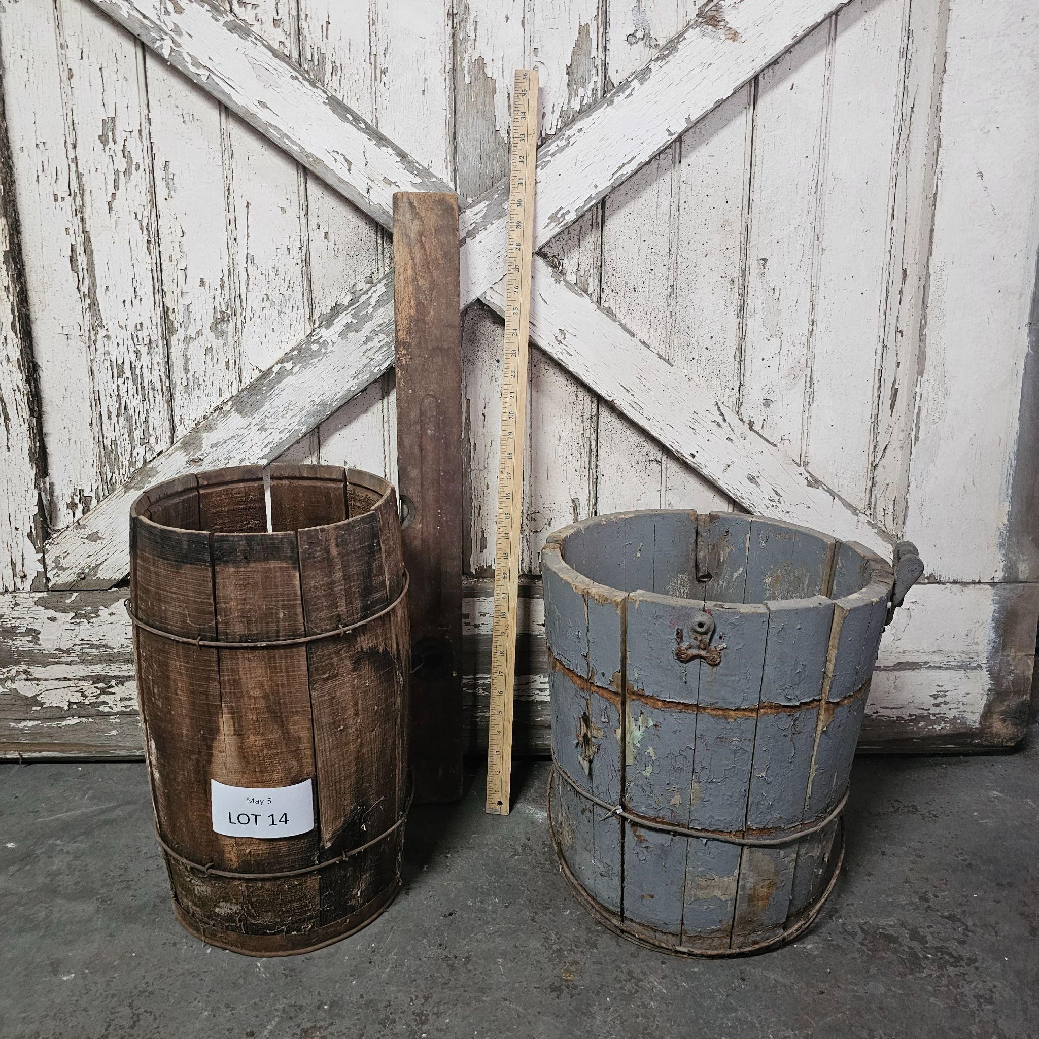 Vintage Level & 2 Wooden Barrels