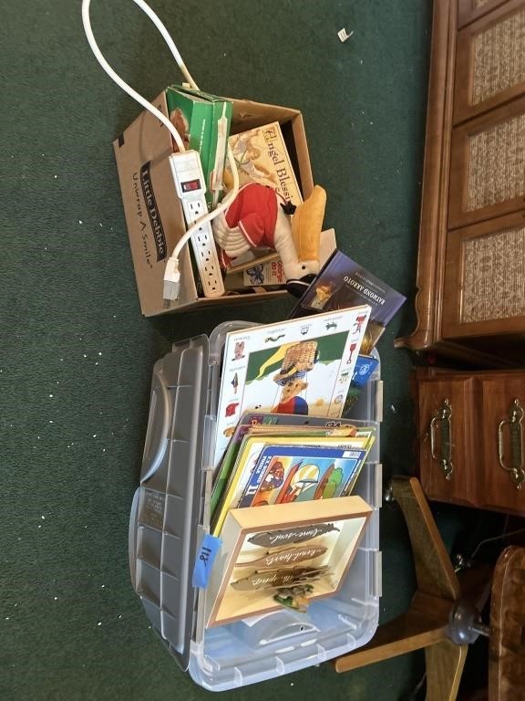 Box and tote of miscellaneous puzzles and other