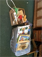 Box and tote of miscellaneous puzzles and other
