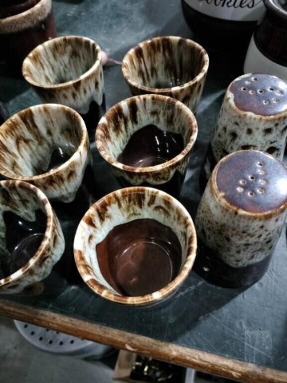 Brown drip pottery six glasses salt and pepper
