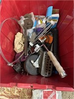 Good tote with lid. Has pipe wrench, paint