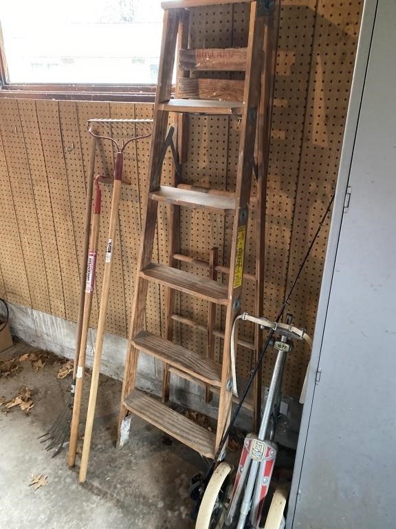 6 foot wooden ladder, yard tools, misc.