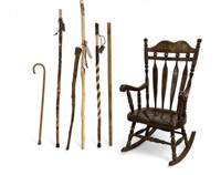 Stenciled Amish Rocking Chair, 5 Walking Sticks