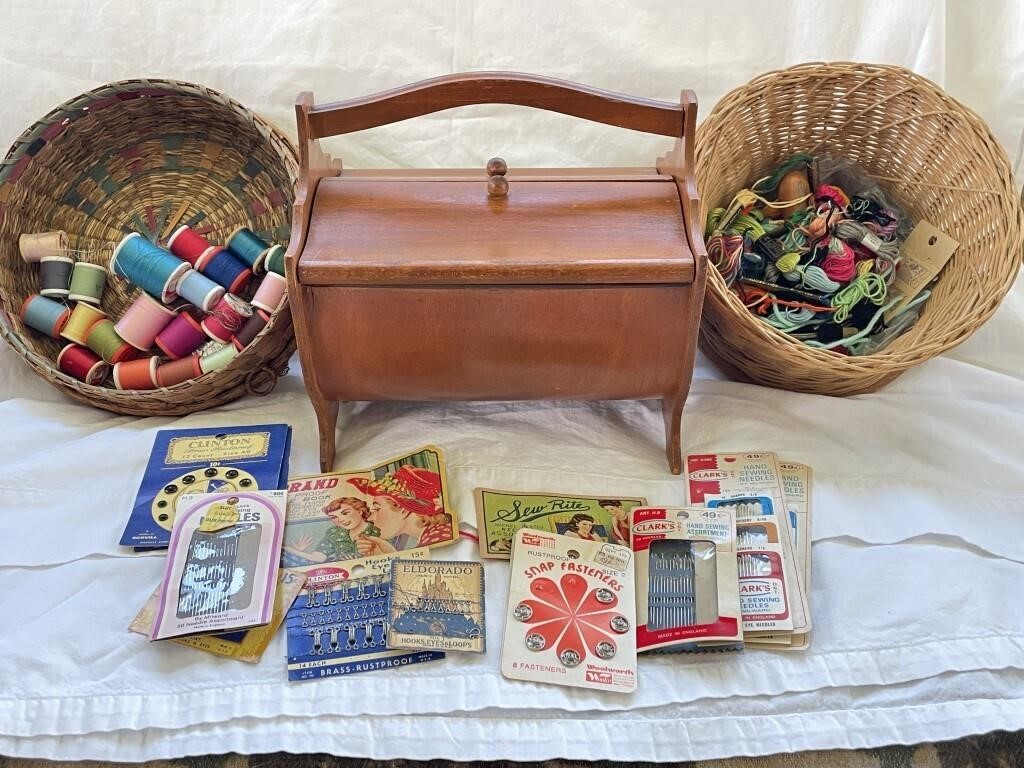 Vtg. Wooden Sewing Box with Lots of Sewing...