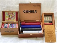 3 Vtg. Wooden Cigar Boxes, 17 Decks of Playing