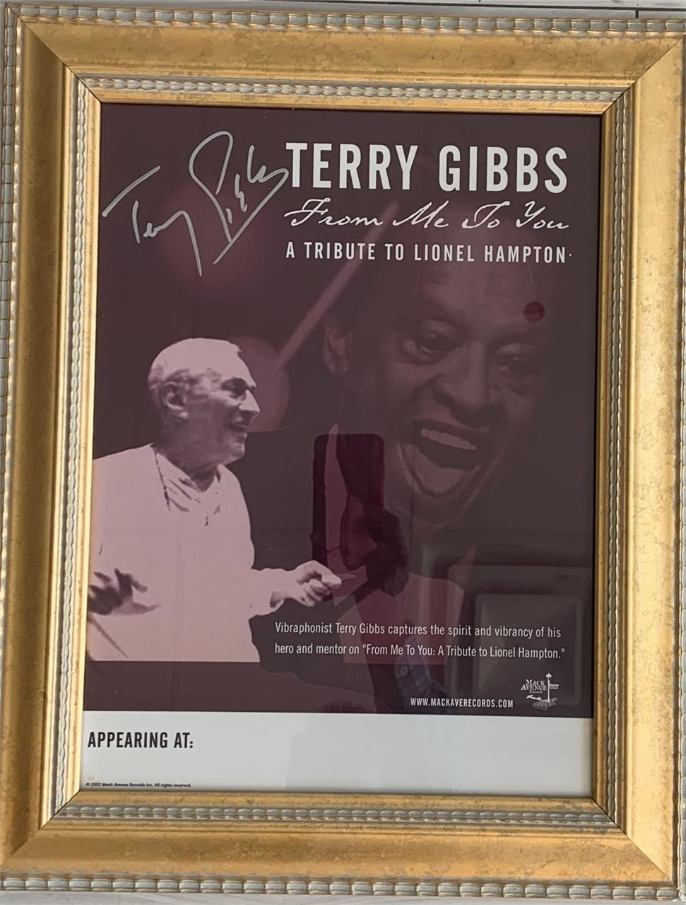Terry Gibbs signed concert poster in custom frame