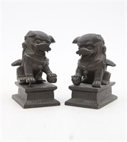 Pair of Old Chinese Bronze Foo Dog Statue Figures