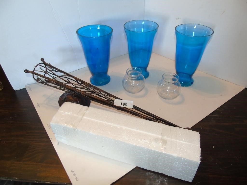 3 Blue Vases & Wall Sconce 24"