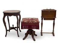 Piano Stool, Inlayed table & Sewing Box on Stand