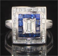Platinum 2.48 ct Sapphire & Diamond Deco Ring