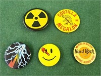 Vintage assorted pins, hardrock cafe, godzilla
