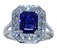 Emerald Cut 3.05 ct Sapphire & Lab Diamond Ring
