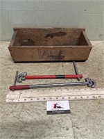 Plumbers wrenches, and wooden box