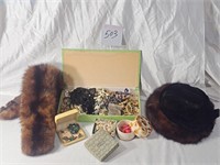 Assorted jewelry and pelt hat (fake pelt)