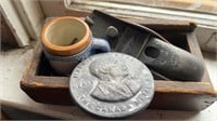 Antique wood box hand plane , cast coin and cup