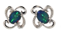 Natural Cabochon Black Opal & Diamond Earrings