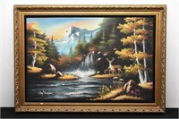 Mountainscape with Deer, Black Velvet Painting