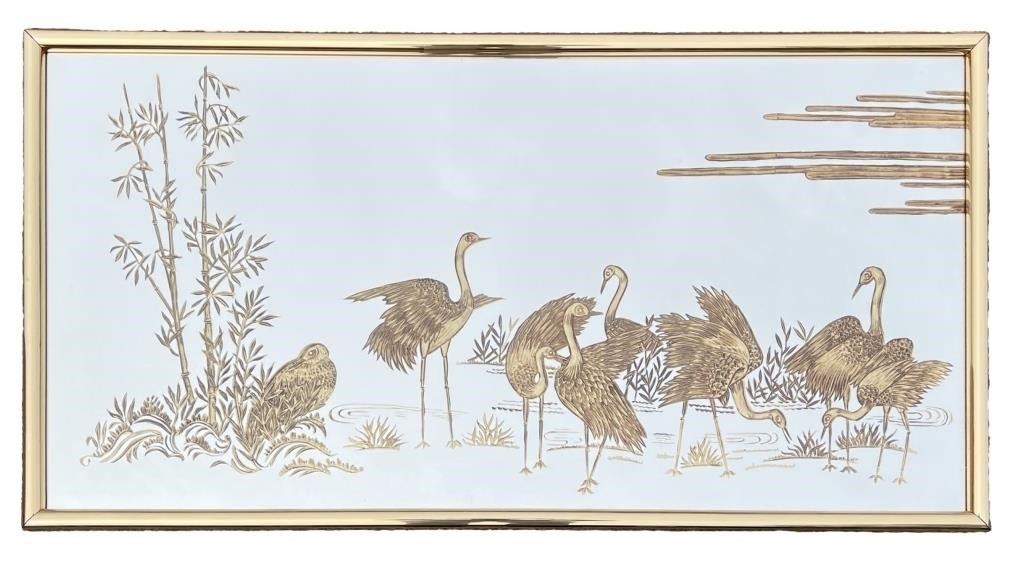 Hollywood Regency Wall Mirror w Etched Gold Cranes