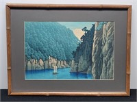 Japanese Print of Boat on Peaceful Mtn. Stream