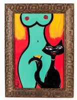 Thomas Pulgini Oil on Board w/ Cat + Nude Woman