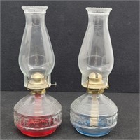 (2) Clear Glass Oil Lamps Raised Squares & Ribbed