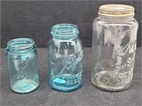 (3) Vintage Glass Jars, Kerr 2 Qt, Blue Ball Qt