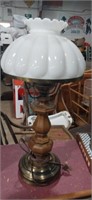 Brass base wooden lamp with glass lamp shade