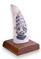 Antique Genuine Whale Tooth Mounted Scrimshaw