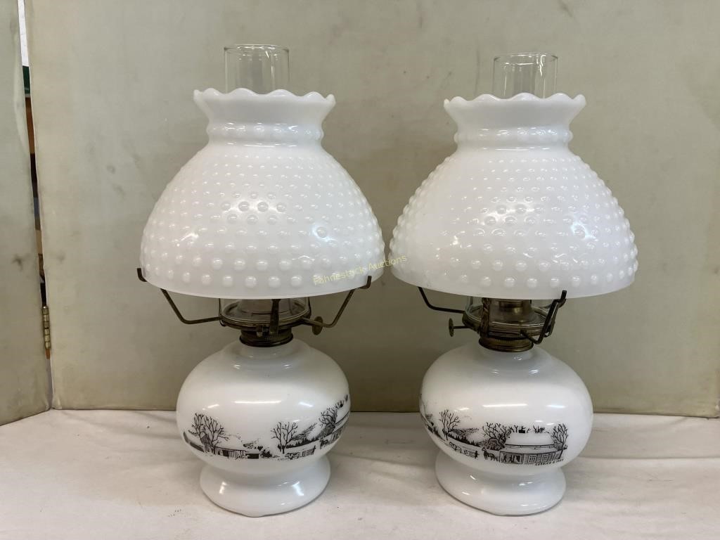 White Milk Glass Knob Shade Oil Lamps 14 " tall