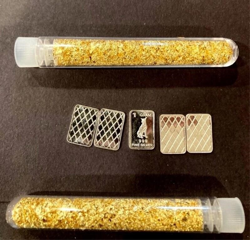 Pure .999 Fine Silver Bars and Vials of Gold Flake
