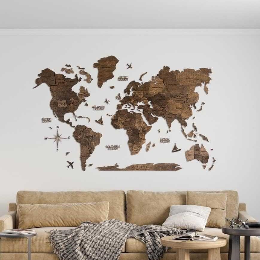 3D Wood World Map Wall Art