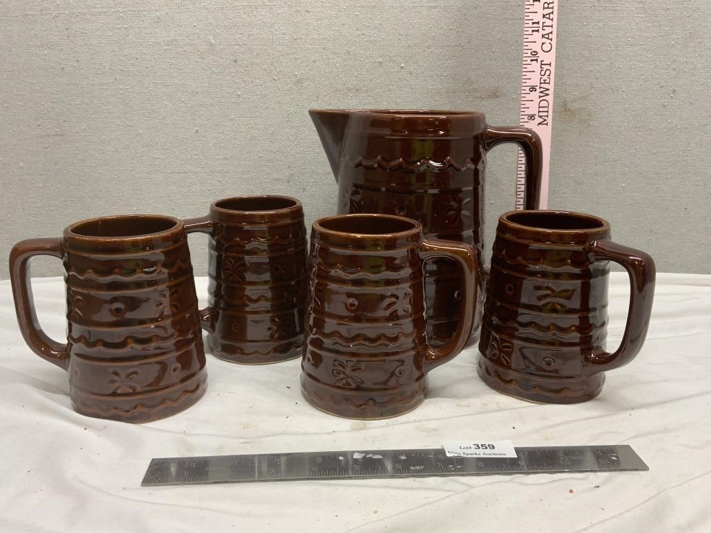 Vintage Pottery Stoneware Pitcher & Mugs