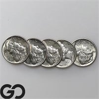 5-coin Lot Mercury Dimes, AU/BU