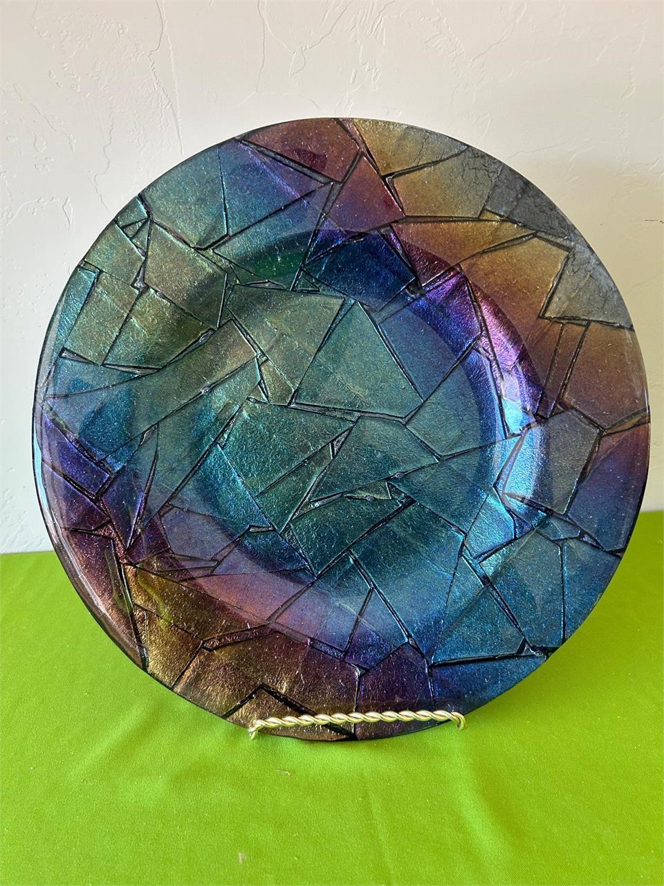 Broken Glass Style Multi Colored Platter, Signed