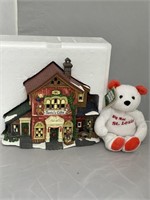 Porcelain Lighted House in Box & Plush Bear
