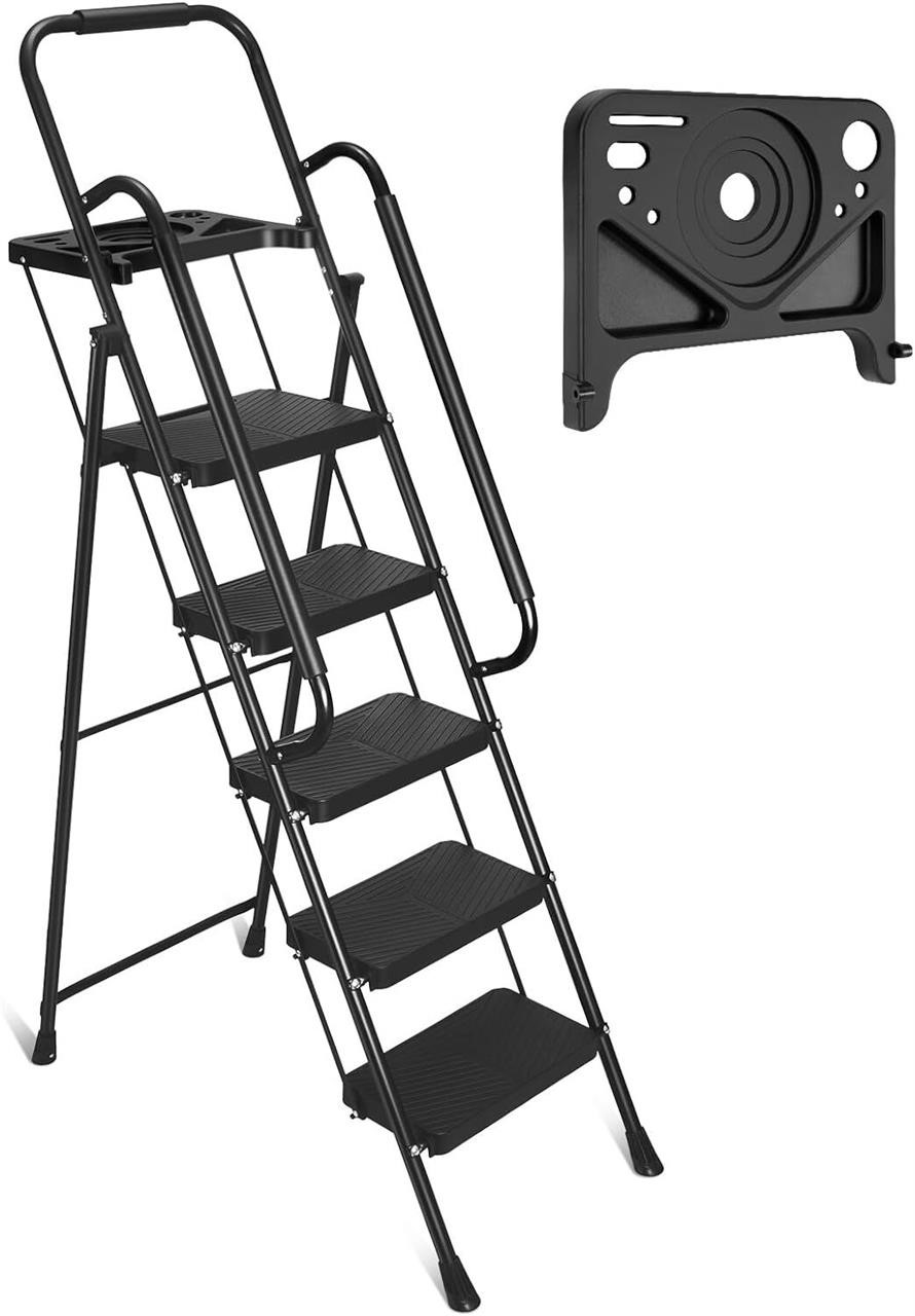 Delxo 5 Step Ladder  Steel  Tool Platform  Black