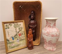 Basket and 4 Asian Collectables: Vase, Picture &..